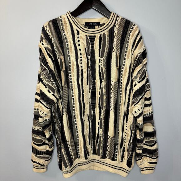 North Wales Vintage 3D Knit Textured Crewneck Sweater Beige Multi Men's XL - Picture 1 of 9